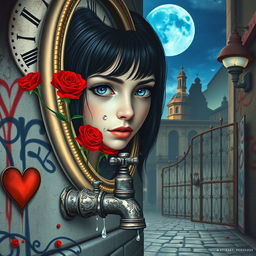 A beautiful, stunning girl with fearful black hair and striking blue eyes gazes into a mirror, set in a psychedelic world inspired by Salvador Dali