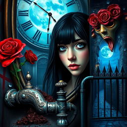 A beautiful, stunning girl with fearful black hair and striking blue eyes gazes into a mirror, set in a psychedelic world inspired by Salvador Dali