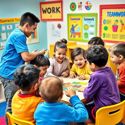 A lively and interactive scene depicting children aged 10 to 12 engaging in a teamwork training session