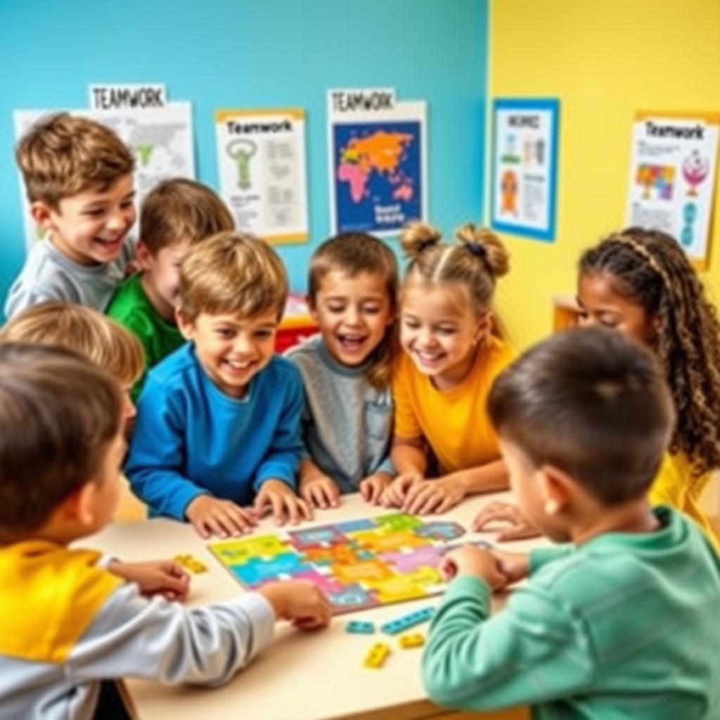 A lively and interactive scene depicting children aged 10 to 12 engaging in a teamwork training session