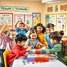 A lively and interactive scene depicting children aged 10 to 12 engaging in a teamwork training session