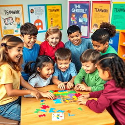 A lively and interactive scene depicting children aged 10 to 12 engaging in a teamwork training session