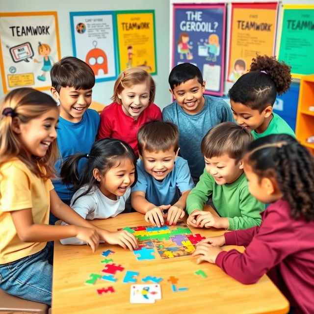 A lively and interactive scene depicting children aged 10 to 12 engaging in a teamwork training session