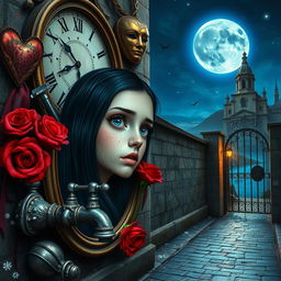 A beautiful, stunning girl with black hair and fearful blue eyes gazes into a mirror, placed in a psychedelic world reminiscent of Salvador Dali