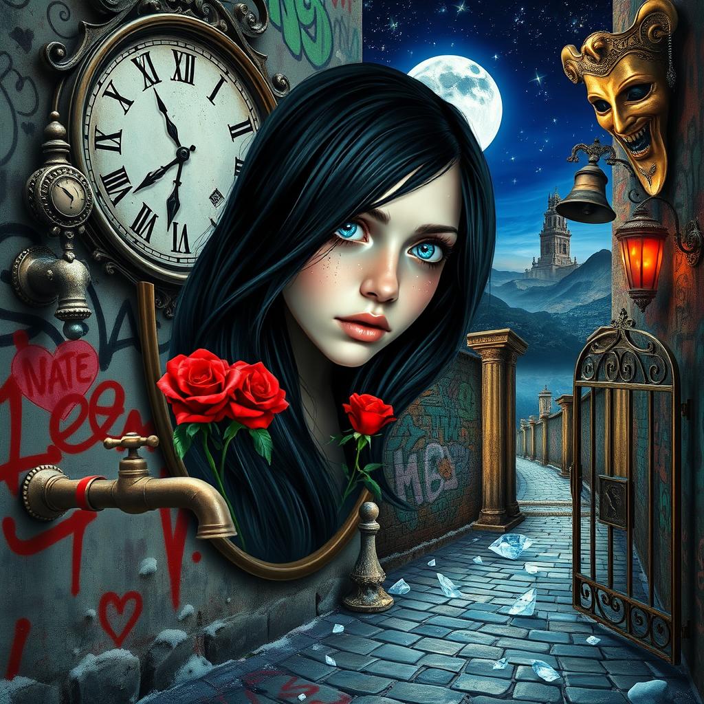 A beautiful, stunning girl with black hair and fearful blue eyes gazes into a mirror, placed in a psychedelic world reminiscent of Salvador Dali