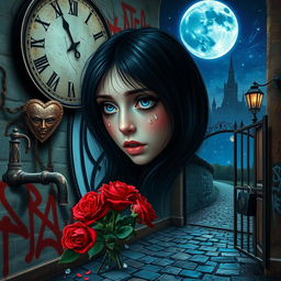 A beautiful, stunning girl with black hair and fearful blue eyes gazes into a mirror, placed in a psychedelic world reminiscent of Salvador Dali