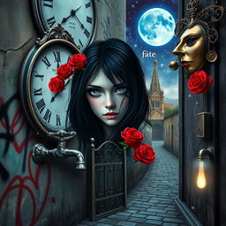 A beautiful, stunning girl with black hair and fearful blue eyes gazes into a mirror, placed in a psychedelic world reminiscent of Salvador Dali