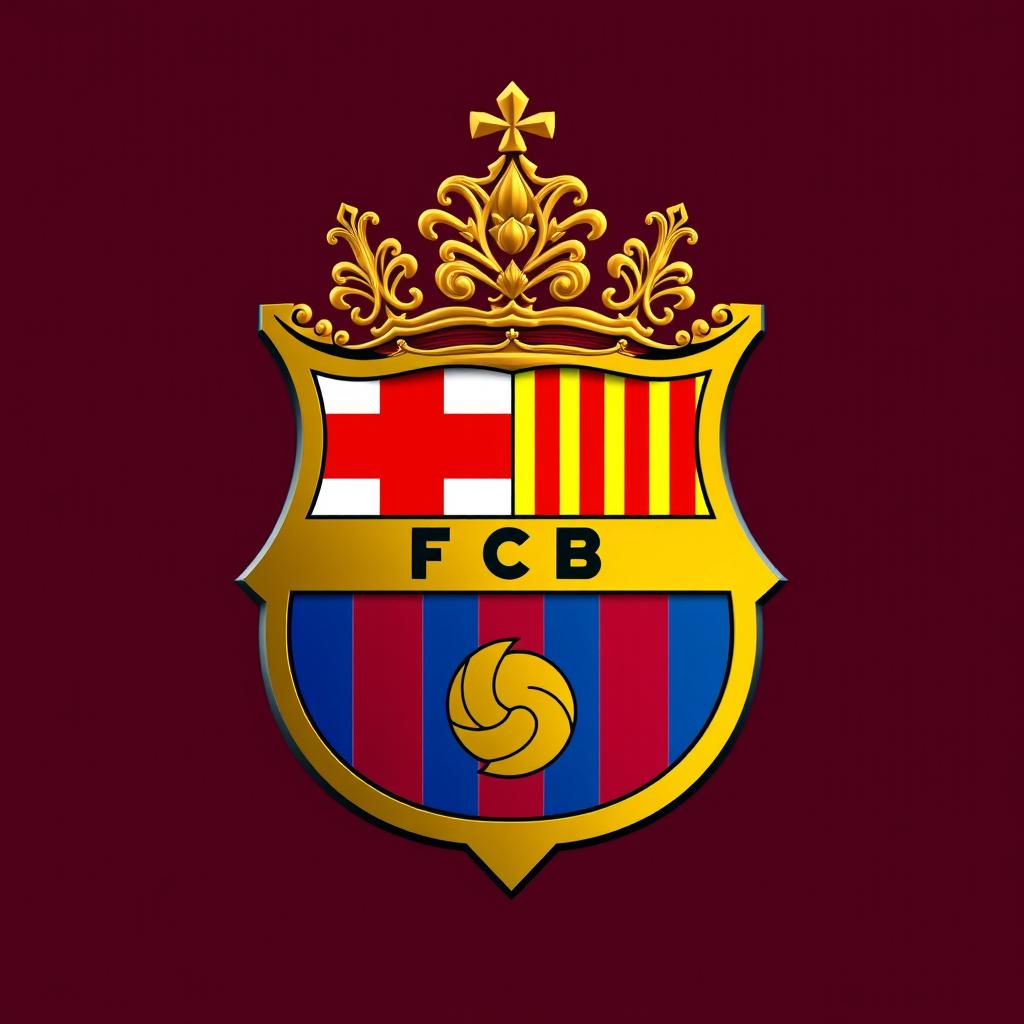 A luxurious, ornate logo of FC Barcelona featuring an extravagant royal crown atop the traditional Barcelona shield