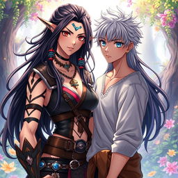 An epic anime illustration depicting an Alpha female and an Omega male, showcasing their distinct characteristics