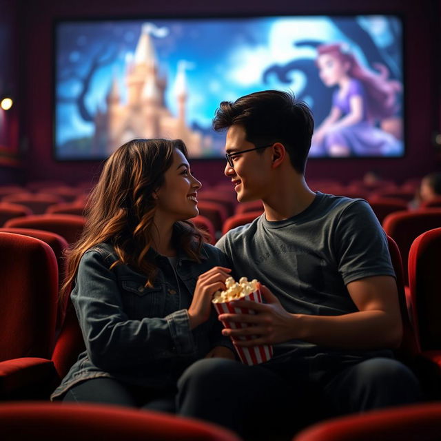 A romantic scene of a couple in a cinema, sitting close together in plush velvet seats, soft dim light illuminating their faces as they share popcorn