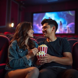 A romantic scene of a couple in a cinema, sitting close together in plush velvet seats, soft dim light illuminating their faces as they share popcorn