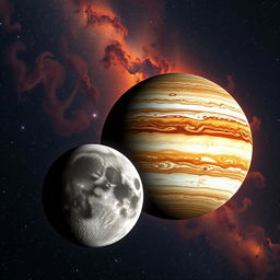 A stunning visual representation of Mercury and Jupiter in a cosmic landscape