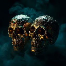 A surreal and artistic interpretation of golden skulls, intricately designed with ornate patterns and gemstones embedded in the surface, set against a dark, moody background that gives a sense of mystery