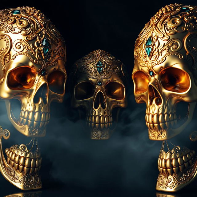 A surreal and artistic interpretation of golden skulls, intricately designed with ornate patterns and gemstones embedded in the surface, set against a dark, moody background that gives a sense of mystery