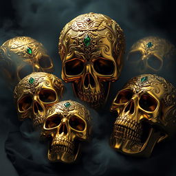 A surreal and artistic interpretation of golden skulls, intricately designed with ornate patterns and gemstones embedded in the surface, set against a dark, moody background that gives a sense of mystery