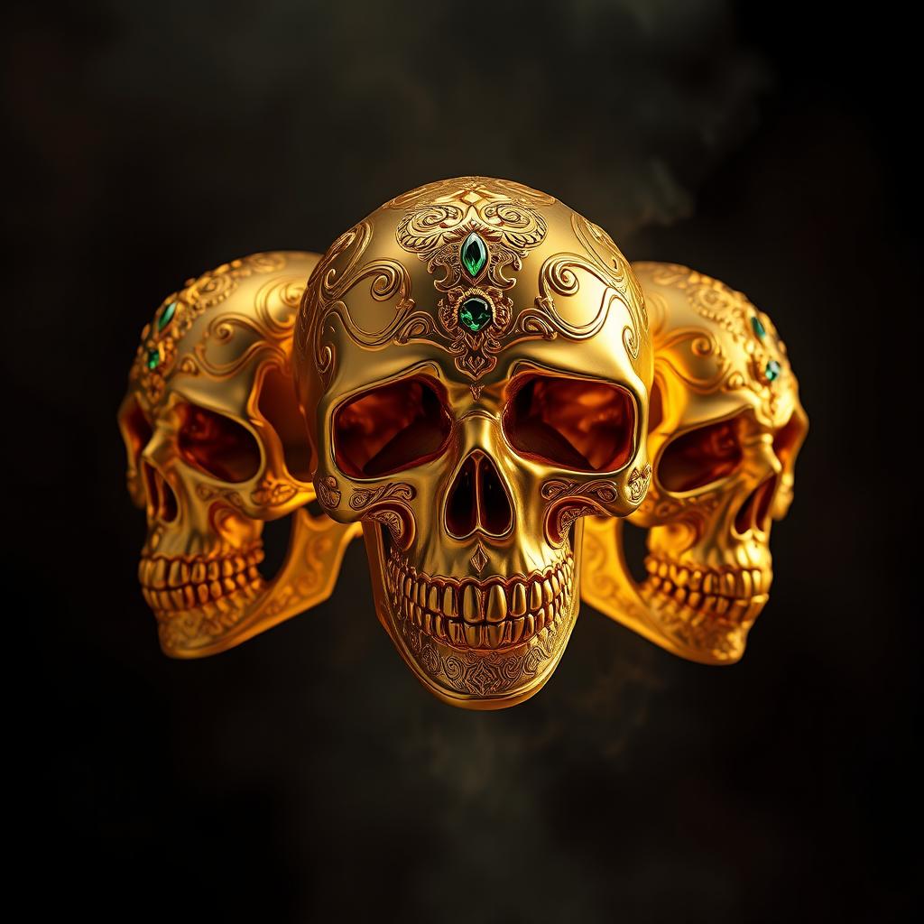 A surreal and artistic interpretation of golden skulls, intricately designed with ornate patterns and gemstones embedded in the surface, set against a dark, moody background that gives a sense of mystery