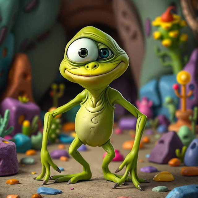 A whimsical character fusion of Gollum from 'The Lord of the Rings' and Mike Wazowski from 'Monsters, Inc