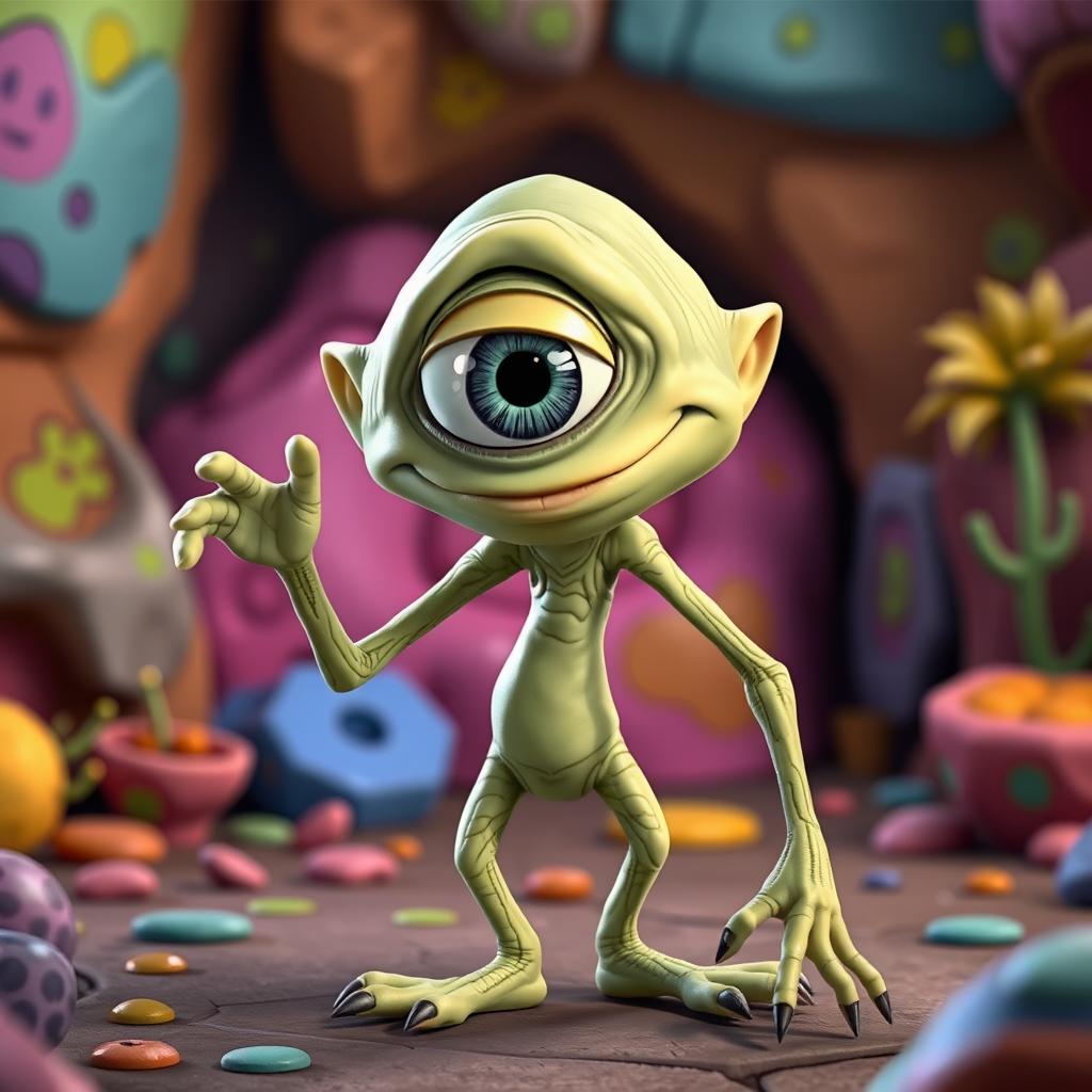 A whimsical character fusion of Gollum from 'The Lord of the Rings' and Mike Wazowski from 'Monsters, Inc