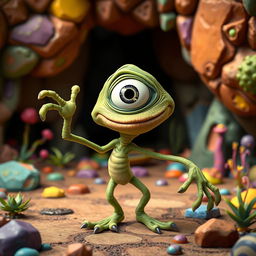 A whimsical character fusion of Gollum from 'The Lord of the Rings' and Mike Wazowski from 'Monsters, Inc