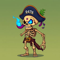 A full-body pirate skeleton with a blue fire in one eye, wearing a pirate hat adorned with an octopus tentacle and seaweed