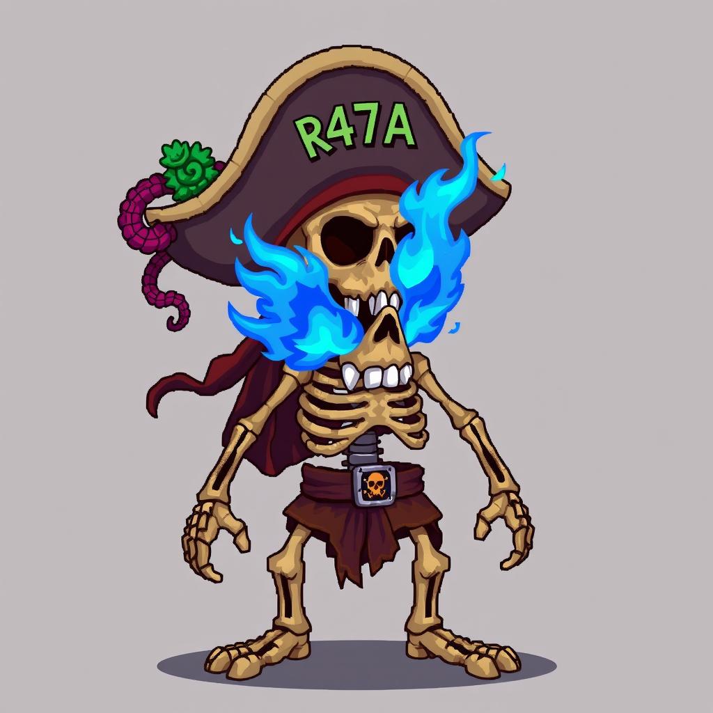 A full-body pirate skeleton with a blue fire in one eye, wearing a pirate hat adorned with an octopus tentacle and seaweed