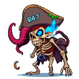 A full-body pirate skeleton with a blue fire in one eye, wearing a pirate hat adorned with an octopus tentacle and seaweed