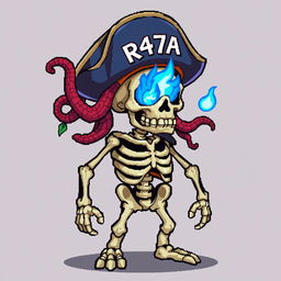 A full-body pirate skeleton with a blue fire in one eye, wearing a pirate hat adorned with an octopus tentacle and seaweed