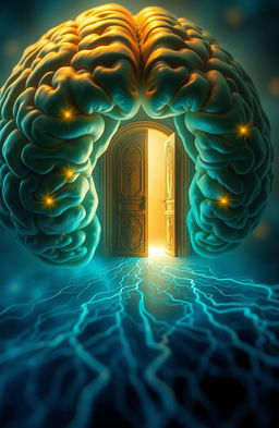 A highly detailed, artistic representation of a human brain with intricate neural pathways depicted as glowing lines, leading towards a large, elegant door that is ajar