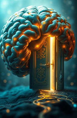 A highly detailed, artistic representation of a human brain with intricate neural pathways depicted as glowing lines, leading towards a large, elegant door that is ajar