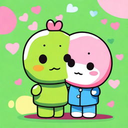 A digital art image showcasing Keroppi, the well-known Sanrio character, in a loving moment with an unidentified male character