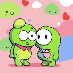 A digital art image showcasing Keroppi, the well-known Sanrio character, in a loving moment with an unidentified male character