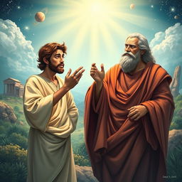 A serene and mystical scene depicting two biblical characters, Paul as Mercury and Barnabas as Jupiter, set in a lush, ancient landscape