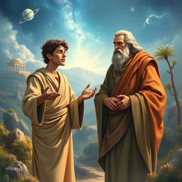 A serene and mystical scene depicting two biblical characters, Paul as Mercury and Barnabas as Jupiter, set in a lush, ancient landscape
