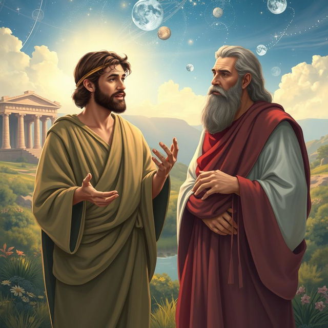 A serene and mystical scene depicting two biblical characters, Paul as Mercury and Barnabas as Jupiter, set in a lush, ancient landscape