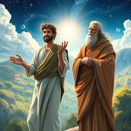 A serene and mystical scene depicting two biblical characters, Paul as Mercury and Barnabas as Jupiter, set in a lush, ancient landscape