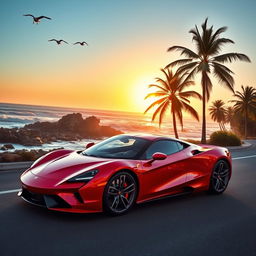 A sleek, modern sports car parked on a picturesque coastal road
