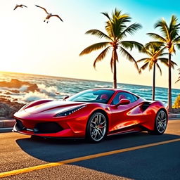 A sleek, modern sports car parked on a picturesque coastal road