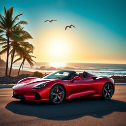 A sleek, modern sports car parked on a picturesque coastal road