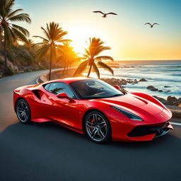 A sleek, modern sports car parked on a picturesque coastal road