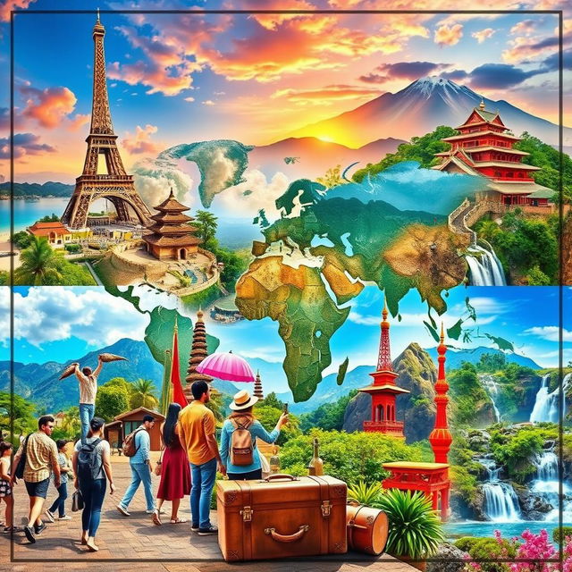 A stunning travel collage depicting various iconic landmarks and experiences from around the world, including the Eiffel Tower in Paris, the Great Wall of China, the beaches of Bali, and the bustling streets of Tokyo