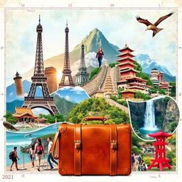 A stunning travel collage depicting various iconic landmarks and experiences from around the world, including the Eiffel Tower in Paris, the Great Wall of China, the beaches of Bali, and the bustling streets of Tokyo