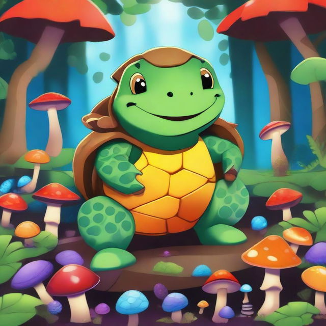 A vibrant digital art representation of a softshell Tortle who is a druid from the circle of spores