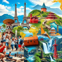 A stunning travel collage depicting various iconic landmarks and experiences from around the world, including the Eiffel Tower in Paris, the Great Wall of China, the beaches of Bali, and the bustling streets of Tokyo