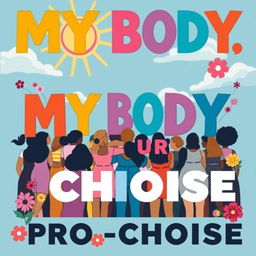 A striking and empowering poster that advocates for abortion rights and pro-choice, prominently featuring bold, colorful typography stating 'My Body, My Choice'