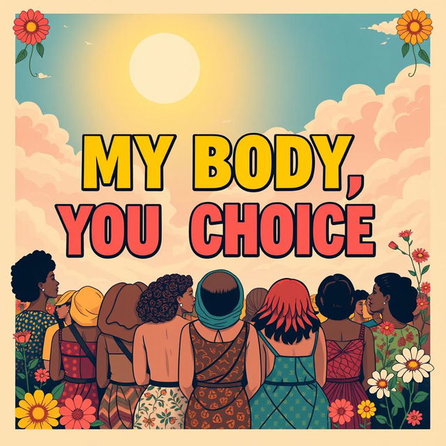A striking and empowering poster that advocates for abortion rights and pro-choice, prominently featuring bold, colorful typography stating 'My Body, My Choice'