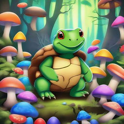 A vibrant digital art representation of a softshell Tortle who is a druid from the circle of spores