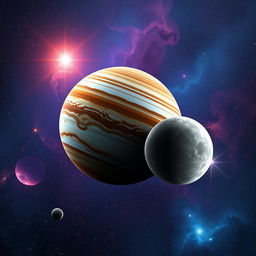 A stunning celestial scene depicting the planets Jupiter and Mercury in a vibrant cosmic setting