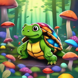 A vibrant digital art representation of a softshell Tortle who is a druid from the circle of spores