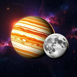 A stunning celestial scene depicting the planets Jupiter and Mercury in a vibrant cosmic setting