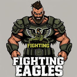 A dynamic and fierce warrior design featuring a muscular figure wearing battle attire, showcasing a powerful stance